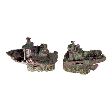 Shipwreck Two Halves Aquarium Ornament featuring detailed, weathered shipwreck designs for aquarium decoration.
