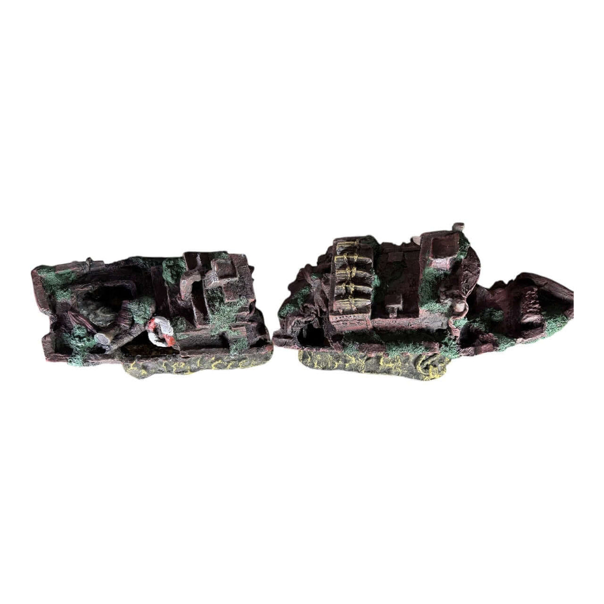 Shipwreck Two Halves aquarium ornament showcasing detailed miniature shipwrecks, perfect for adding character to aquariums.