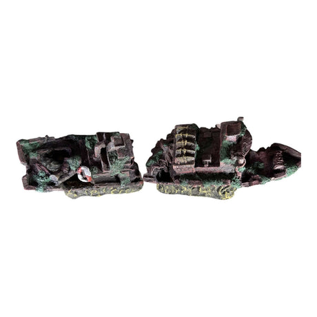 Shipwreck Two Halves aquarium ornament showcasing detailed miniature shipwrecks, perfect for adding character to aquariums.