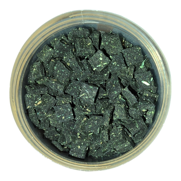 Silverstream Protiplus Shrimp Food 30g in a container, showing dark cube-shaped pellets rich in nutrients for Neocaridina shrimp.