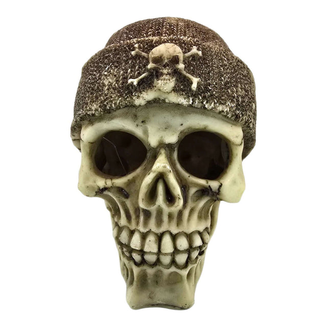 Skull aquarium ornament with brown beanie and skull crossbones design, perfect for adding an edgy charm to fish tanks.