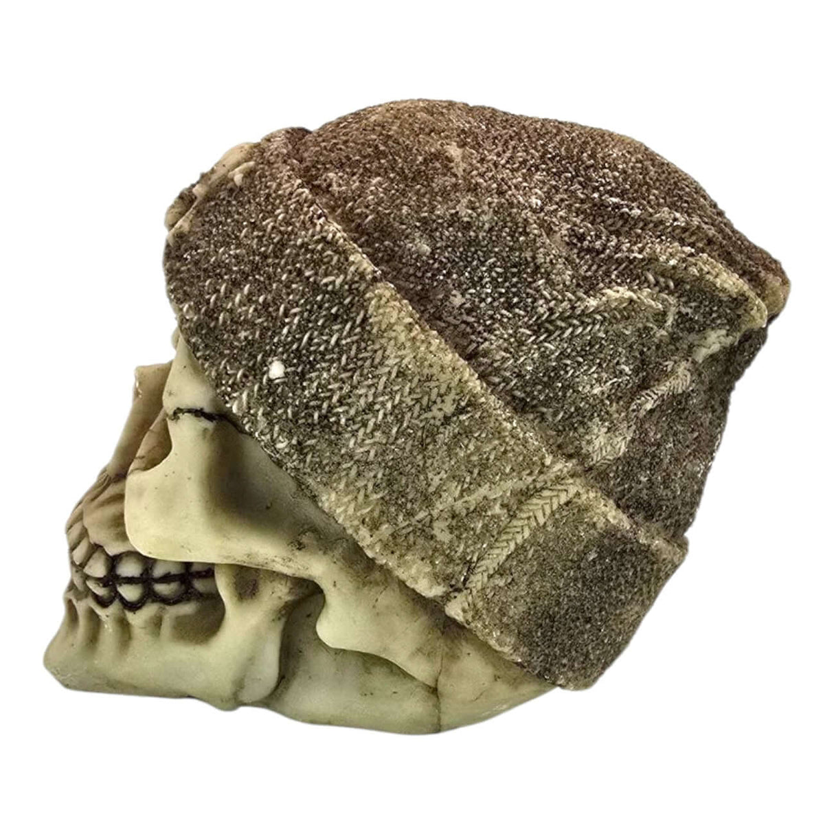 Skull aquarium ornament with a cozy brown beanie, featuring intricate details and a weathered cream finish.