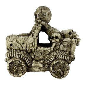Skull Car Aquarium Ornament featuring skeletons in a weathered vehicle, ideal for aquariums or terrariums.