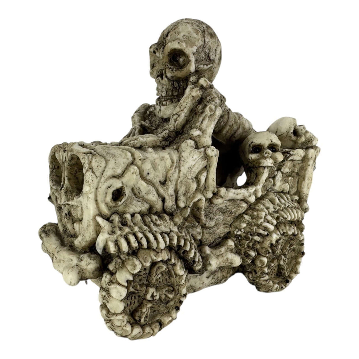 Skull Car Aquarium Ornament featuring skeleton driver and pet, perfect for adding eerie charm to aquariums or terrariums.