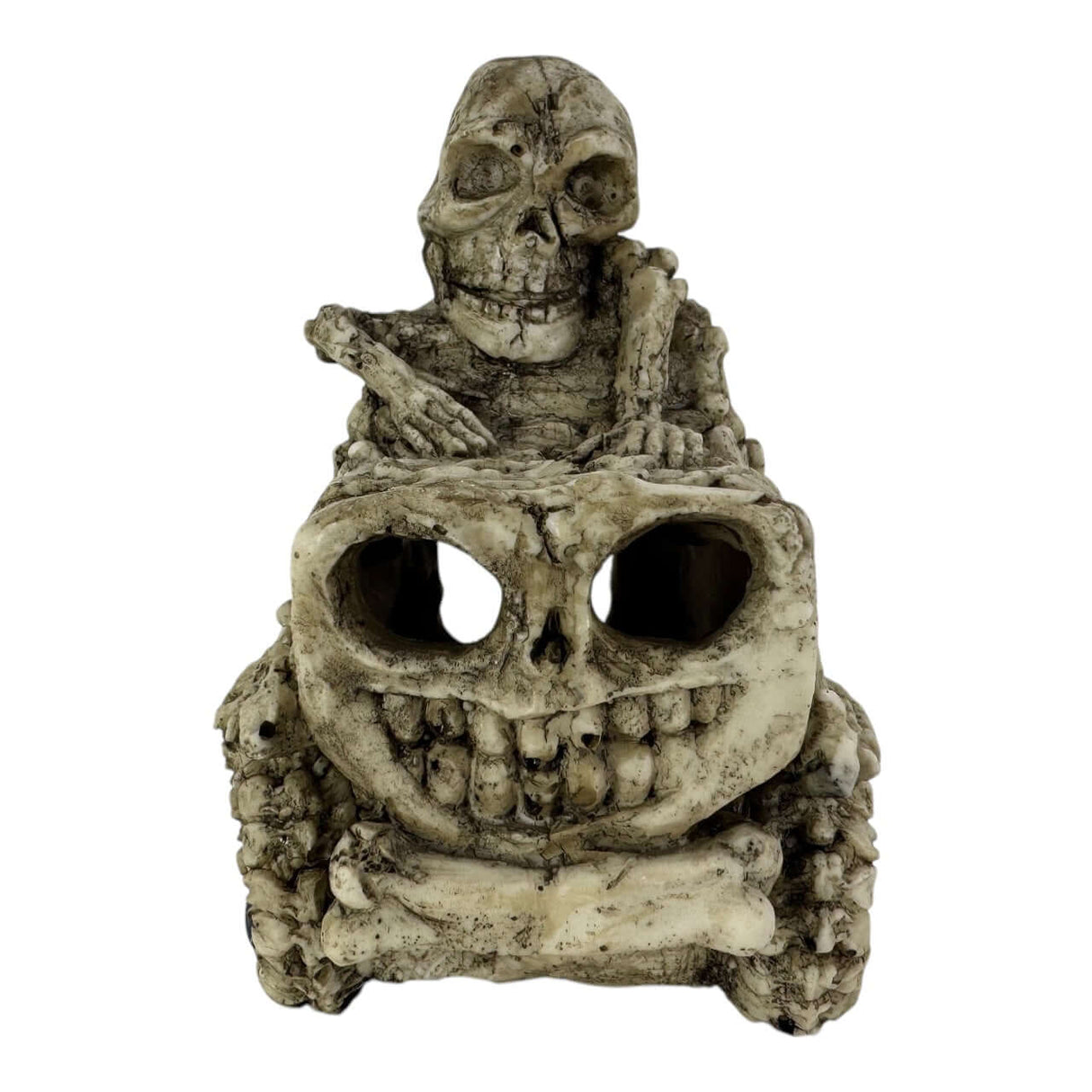 Skull Car Aquarium Ornament featuring a skeleton on a skull in rugged design for aquarium or terrarium setups.