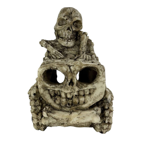 Skull Car Aquarium Ornament featuring a skeleton on a skull in rugged design for aquarium or terrarium setups.