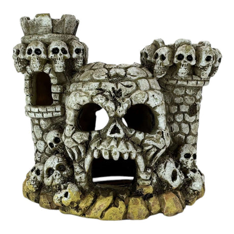 Skull Castle Ornament for aquariums, featuring a gothic design with skulls and towers, made of durable resin.