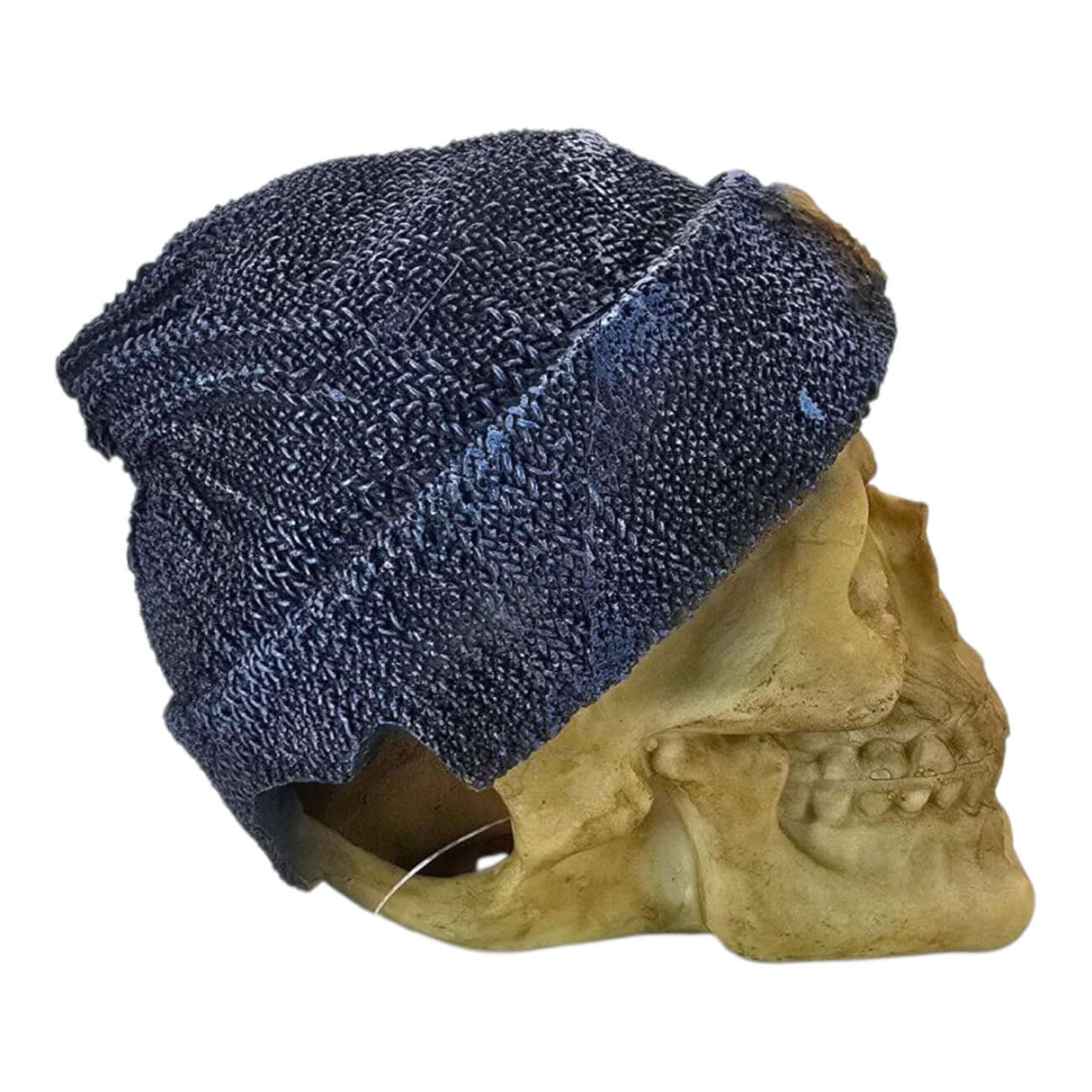 Decorative skull figurine with a textured bone finish and dark blue knitted beanie, adding edgy charm to any space.
