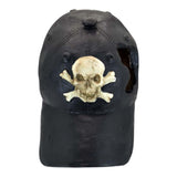Unique black baseball cap decoration with a skull and crossbones design, ideal for aquarium ornaments.