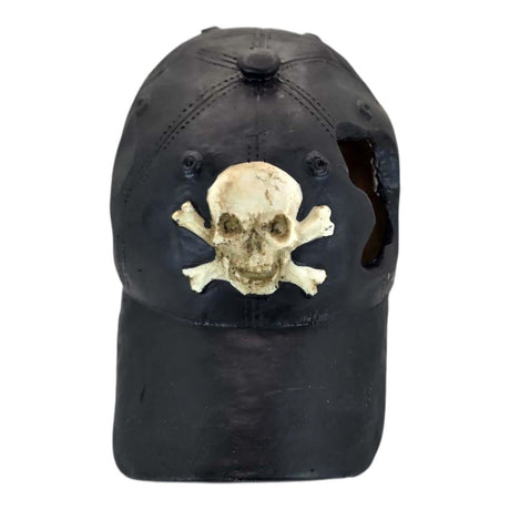 Unique black baseball cap decoration with a skull and crossbones design, ideal for aquarium ornaments.