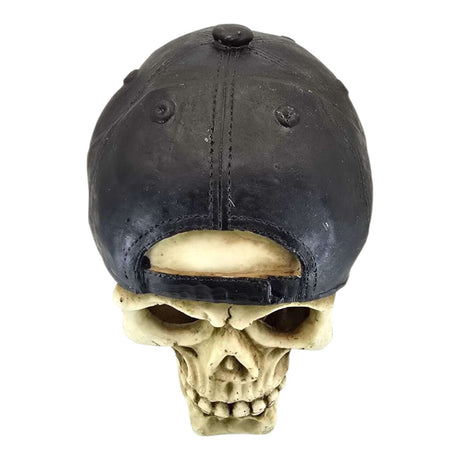 Skull with cap aquarium ornament featuring realistic bone texture and stylish black baseball cap.