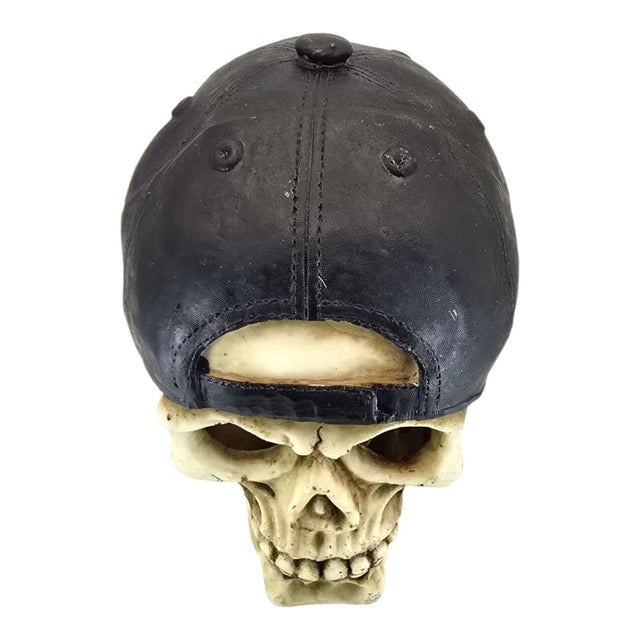 Skull with cap aquarium ornament featuring realistic bone texture and stylish black baseball cap.