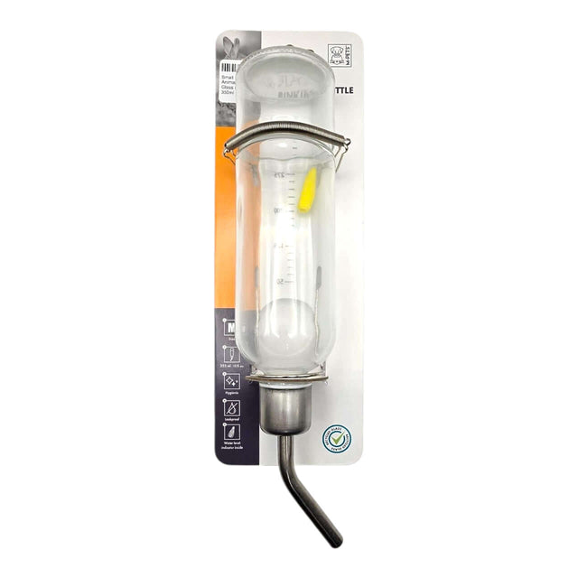 Small Animal Glass Drinking Bottle for pets, featuring premium glass and precise water measurement markings.