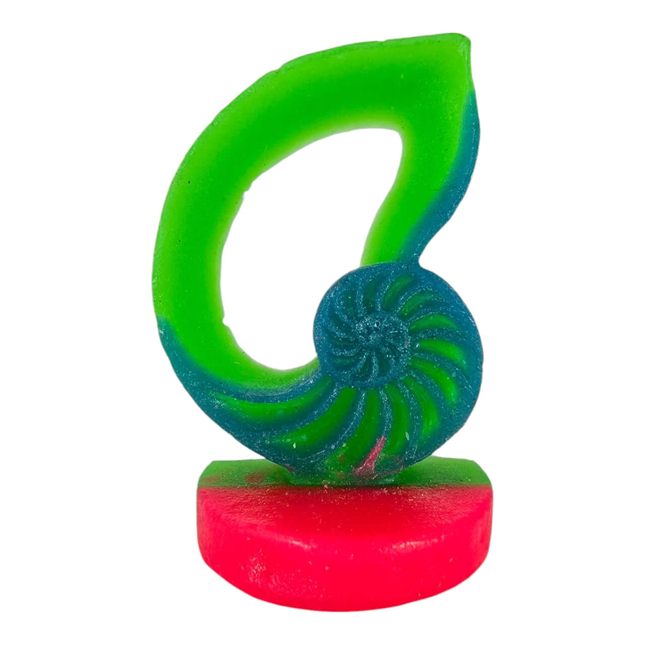Vibrant nautilus shell aquarium decoration in green and blue with red base, ideal for enhancing fish tanks.