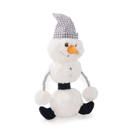 Soft plush Snoop Snowman toy with roped arms, a checkered hat, and a squeaker for playful engagement. Perfect holiday gift.