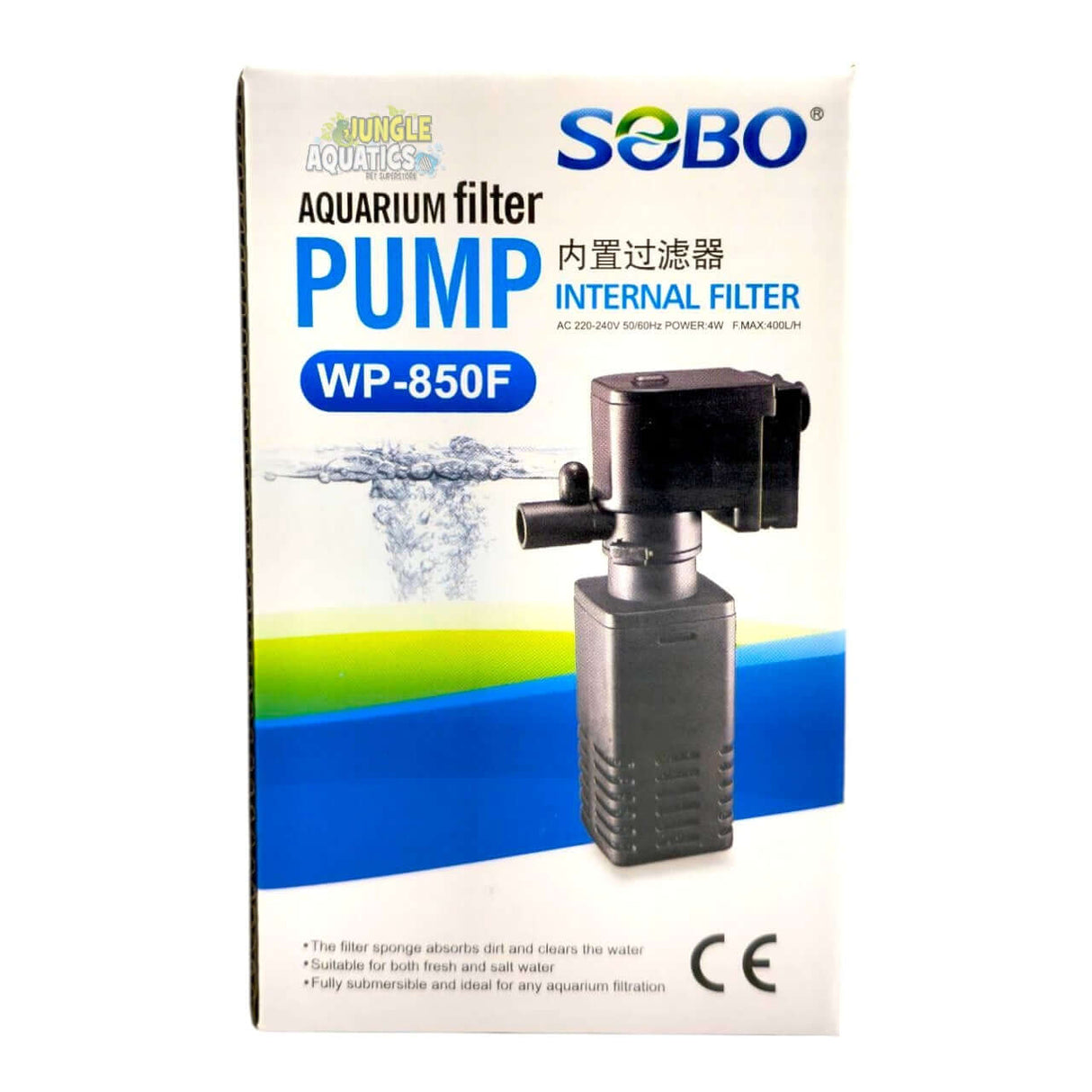 SOBO Aquarium Internal Sponge Filter WP-850F packaging showcasing sponge pump for aquariums