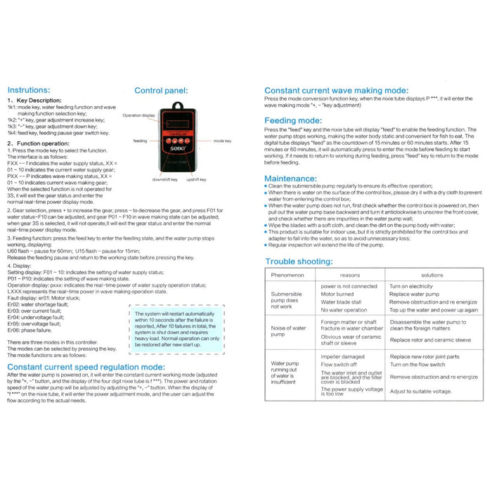 Instructions and control panel guide for SOBO Eco DC Water Pumps, detailing functions, maintenance, and troubleshooting.