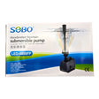 SOBO LED Submersible Water Pump box featuring a fountain design and pump specifications for efficient water circulation.