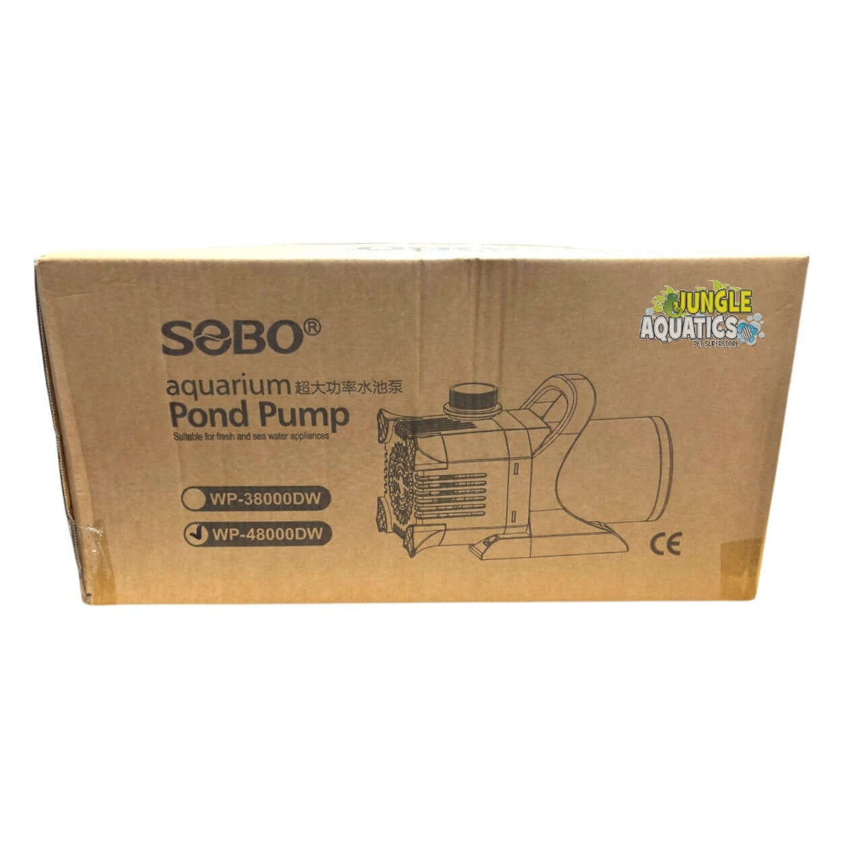 SOBO High-Performance Aquarium and Pond Pump packaging box showcasing WP-36000DDW and WP-48000DDW models.