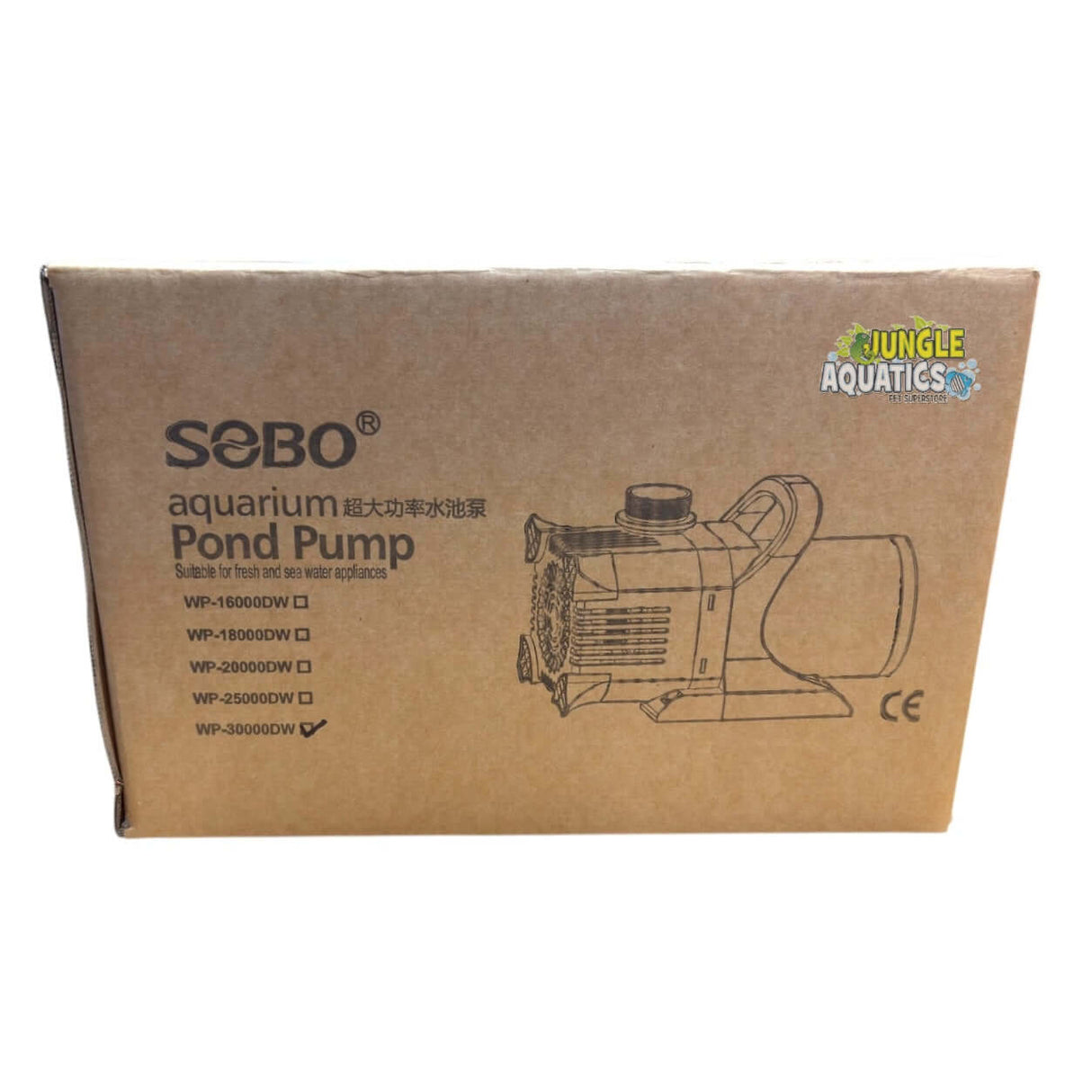 Packaging of SOBO High-Performance Aquarium and Pond Pump displayed on a box, with model specifications listed.