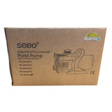 Packaging of SOBO High-Performance Aquarium and Pond Pump displayed on a box, with model specifications listed.
