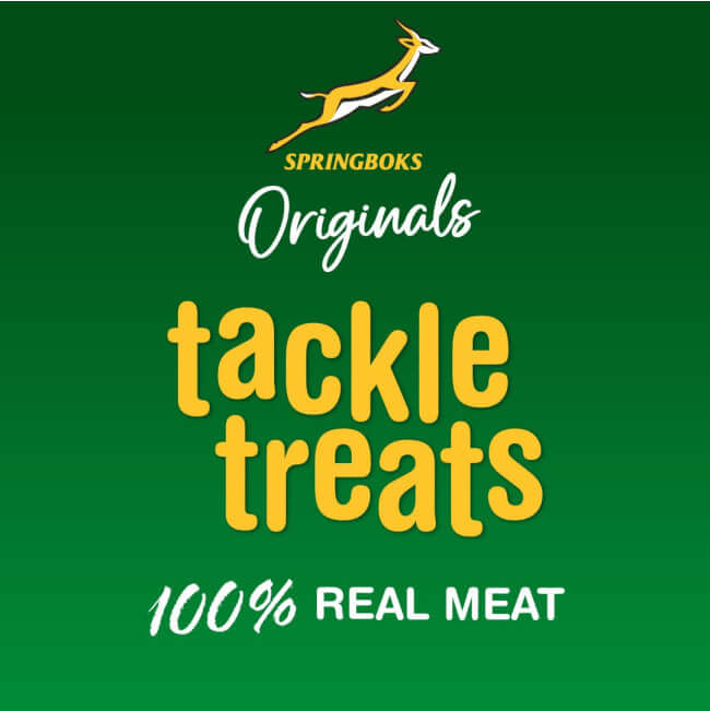 Springboks Tackle Treats Meat Chews for Dogs packaging featuring 100% real meat on a vibrant green background.