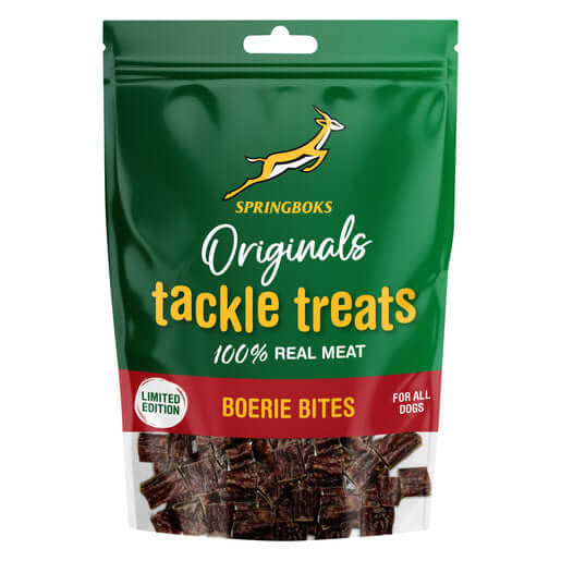 Springboks Tackle Treats Meat Chews for Dogs Boerie Bites in a resealable package, 100% real meat treats.