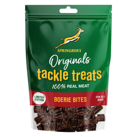 Springboks Tackle Treats Meat Chews for Dogs Boerie Bites in a resealable package, 100% real meat treats.