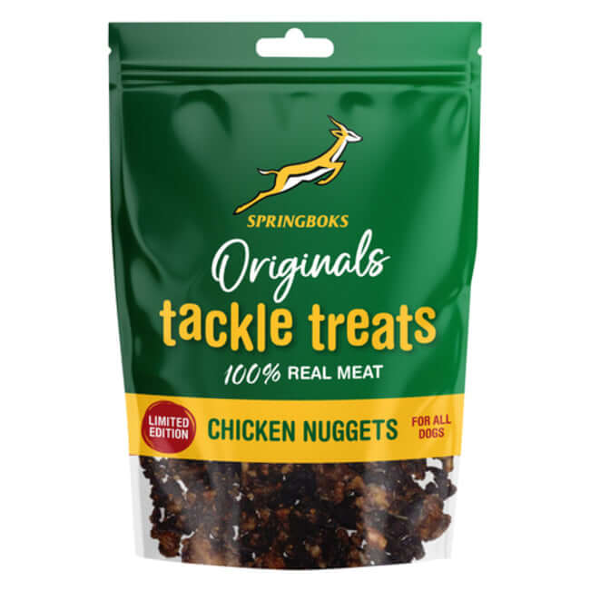 Springboks Tackle Treats Meat Chews for Dogs Chicken Nuggets packaging, 100% real meat dog treats.