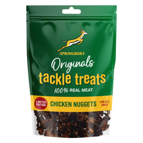 Springboks Tackle Treats Meat Chews for Dogs Chicken Nuggets packaging, 100% real meat dog treats.