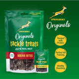 Springboks Tackle Treats Meat Chews for Dogs package featuring Boerie Bites and Chicken Nuggets.