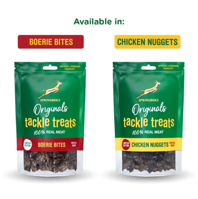 Springboks Tackle Treats Meat Chews for Dogs in Boerie Bites and Chicken Nuggets packaging.