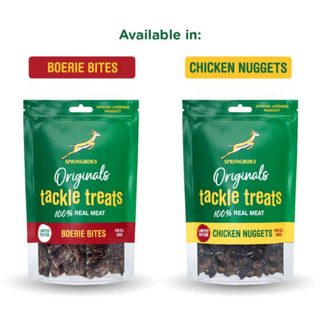 Springboks Tackle Treats Meat Chews for Dogs in Boerie Bites and Chicken Nuggets packaging.