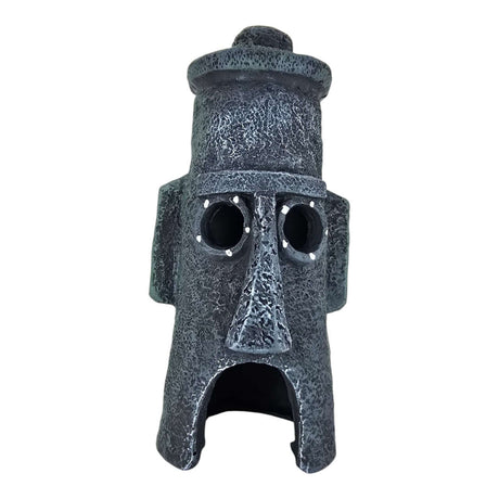 Squidward mask house aquarium ornament in dark gray with hollow eyes and textured finish.