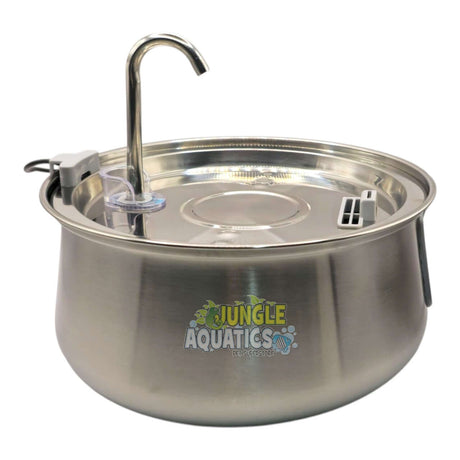 Stainless Steel Pet Water Fountain with water pump for providing fresh water supply to pets.