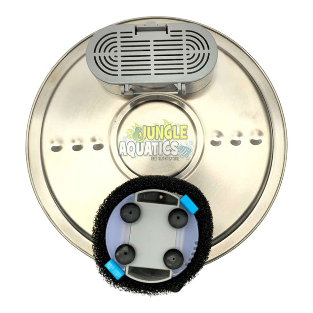 Stainless Steel Pet Water Fountain top view with filter and water pump by Jungle Aquatics for pets hydration.