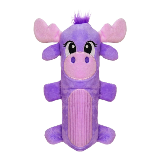 Stuffing-Free Big Squeak Moose plush toy in vibrant purple color with squeakers for dog play.