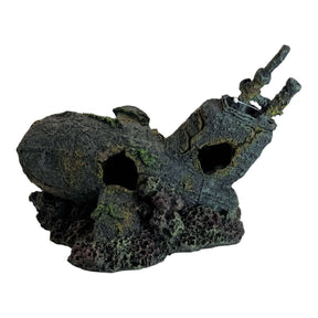 Submarine head wreck aquarium ornament, dark gray and greenish-brown, designed for fish tanks, detailed coral and rock texture.