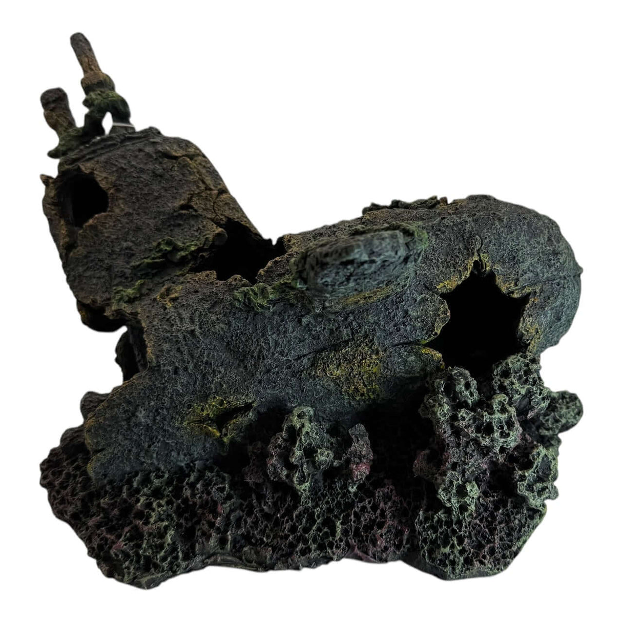Submarine Head Wreck Aquarium Ornament in dark gray and greenish-brown for a realistic underwater look.