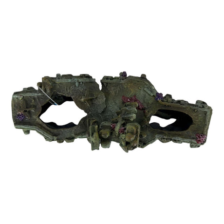Sunken aircraft carrier aquarium ornament in dark-gray and greenish-gray, enhancing aquatic environments.