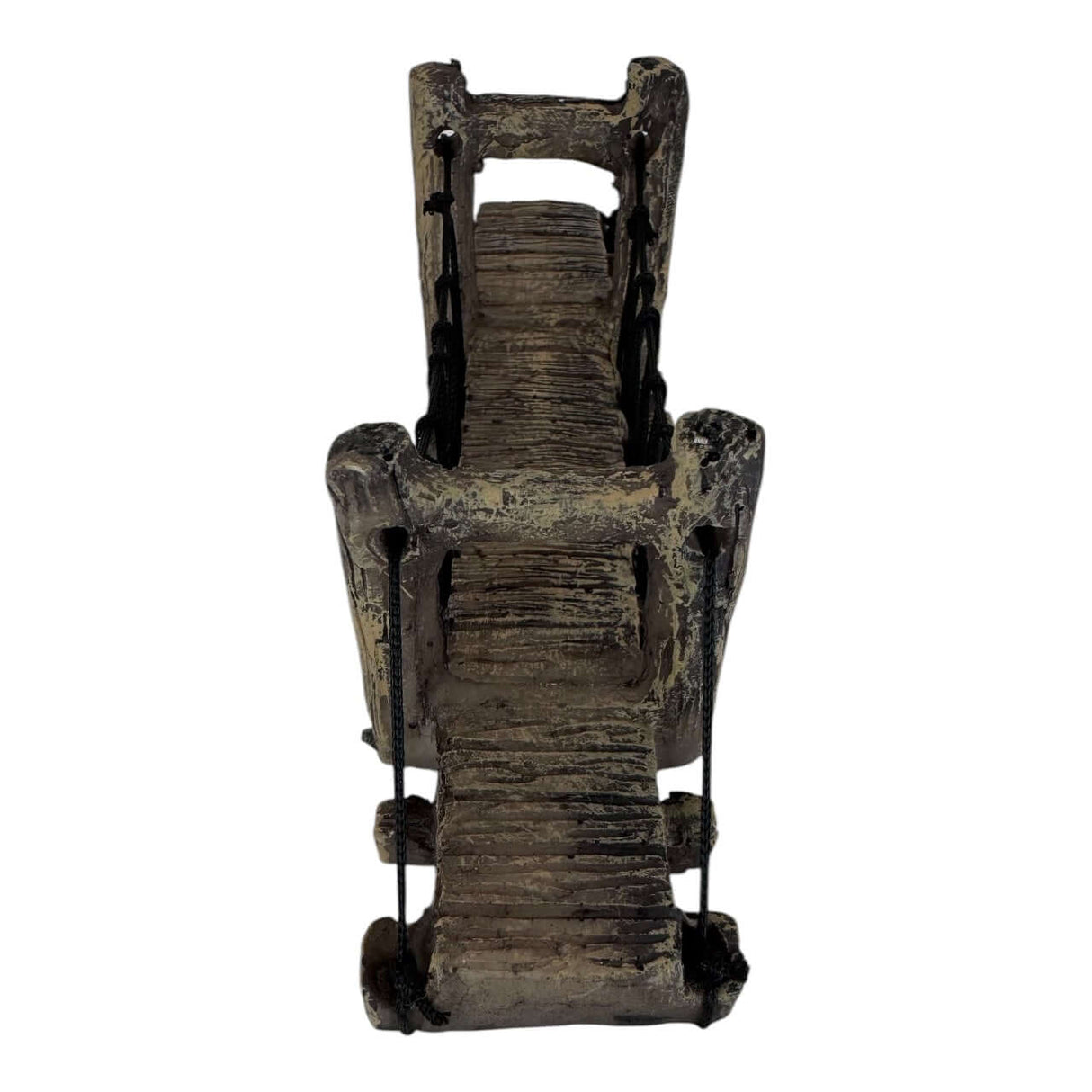 Suspension bridge aquarium ornament with textured support posts, ideal for miniature landscapes in aquariums or terrariums.