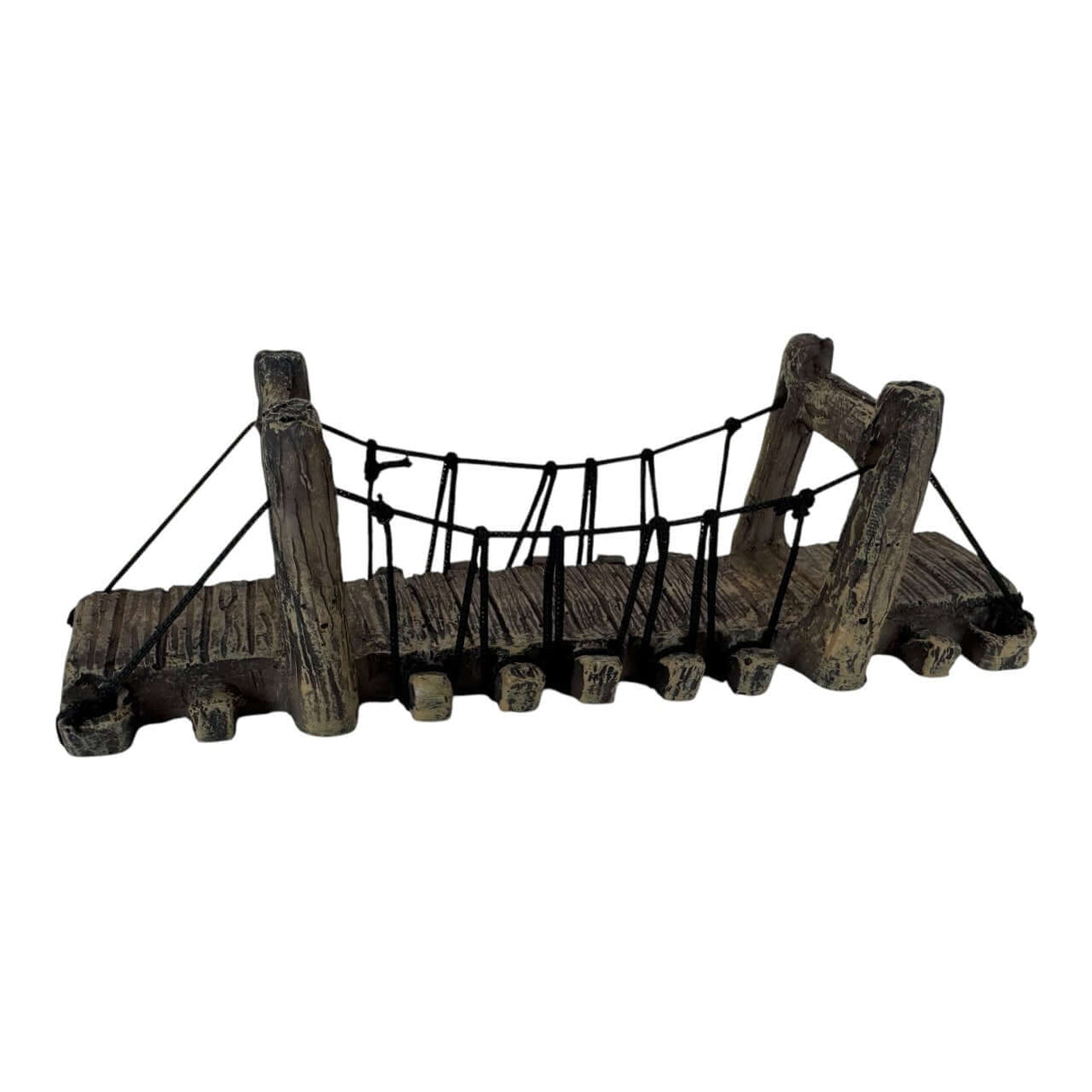 Rustic Suspension Bridge Small Aquarium Ornament for enchanting aquariums and terrariums, crafted with detailed support posts.
