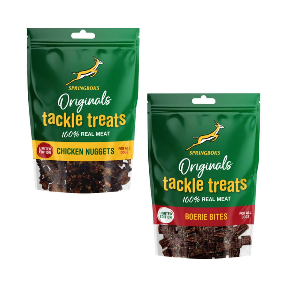 Springboks Tackle Treats Meat Chews for Dogs Chicken Nuggets and Boerie Bites packaging.