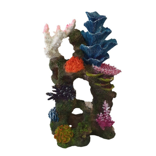 Tall coral ornament featuring vibrant corals on a rockscape, measuring 28 x 18 x 46 cm, perfect for aquatic decor.