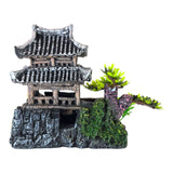 Temple on Rocks Aquarium Ornament featuring detailed pagoda and lush greenery for aquatic decor.