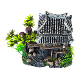 Temple on Rocks Aquarium Ornament with Asian-style pagoda and greenery, perfect for aquariums or terrariums.