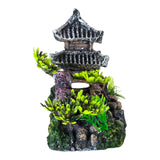 Temple on Rocks Aquarium Ornament featuring a detailed Asian-style pagoda and green aquatic plants