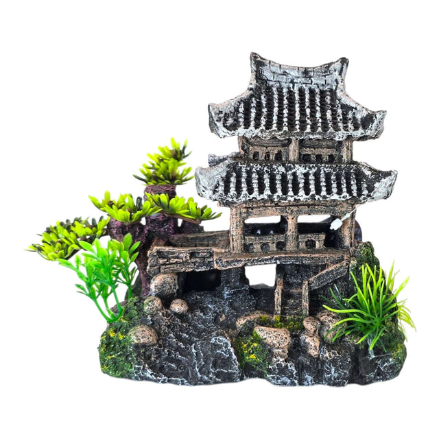Temple on Rocks Aquarium Ornament featuring a detailed Asian-style pagoda on rocky base with green plants.
