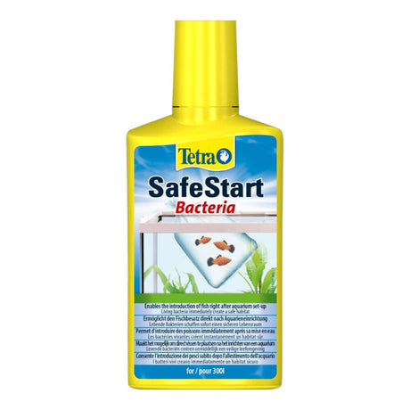 Tetra SafeStart Bacteria bottle for instant fish introduction in new aquariums, stabilizes water values and eliminates ammonia.