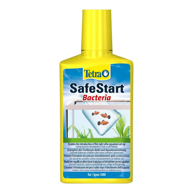 Tetra SafeStart Bacteria bottle for instant fish introduction in new aquariums, stabilizes water values and eliminates ammonia.